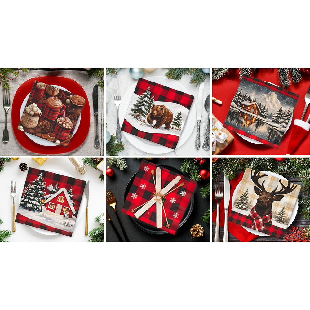 Image Assortiment de 12 serviettes de table -  Série chalet d'hiver